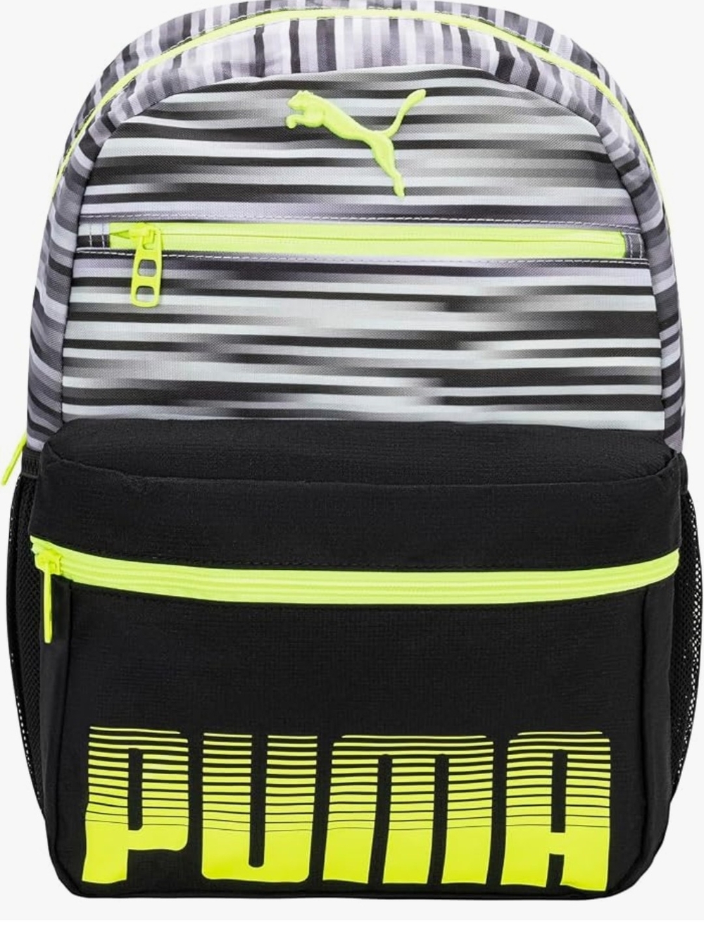 Puma Kids Meridian Black Backpack with Neon Yellow Accents and Striped Gray